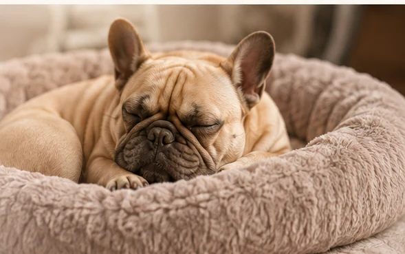 Beige Französische Bulldogge schläft entspannt in einem weichen Hundebett